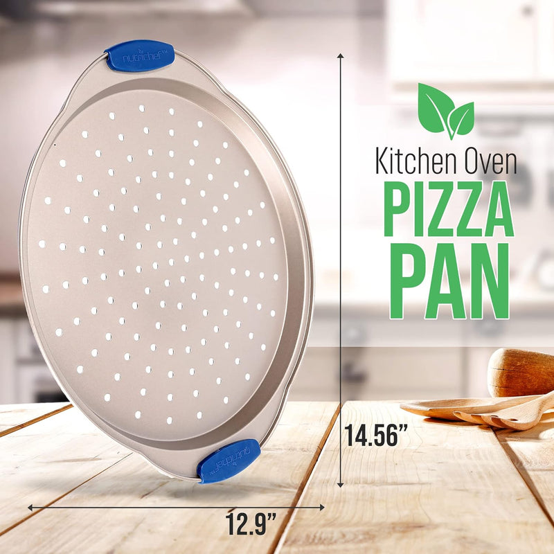 Non-Stick Pizza Tray with Silicone Handle and Perforated Holes - Premium Bakeware for Easy Cooking and Cleaning - NCBPIZ6