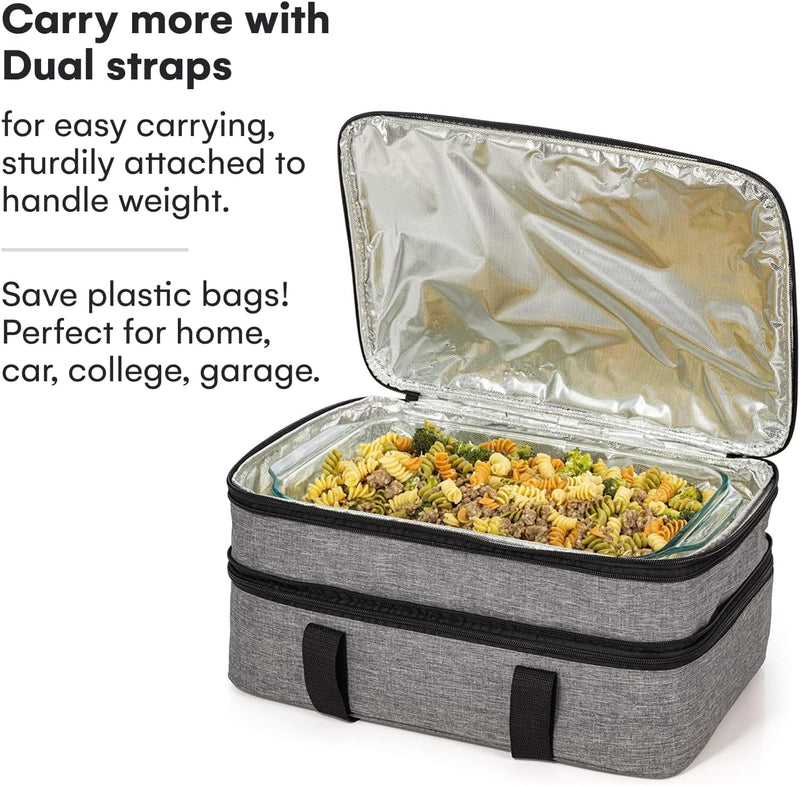 Double Casserole Travel Bag - Insulated Food Carrier for HotCold Dishes Heather Gray