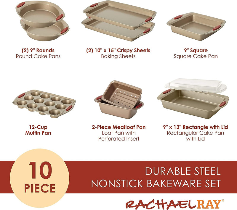 Rachael Ray Cucina Nonstick Bakeware Set - 10 Piece Latte  Cranberry