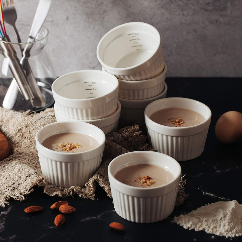 Ceramic Ramekins - Set of 8 with Measurement Markings for Baking 6 oz Dishes for Creme Brulee Souffles and Custards