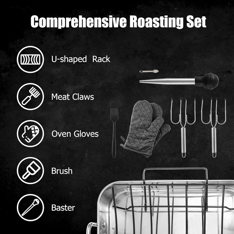 Nonstick Roasting Pan with Rack - Stainless Steel Turkey Roaster for Thanksgiving