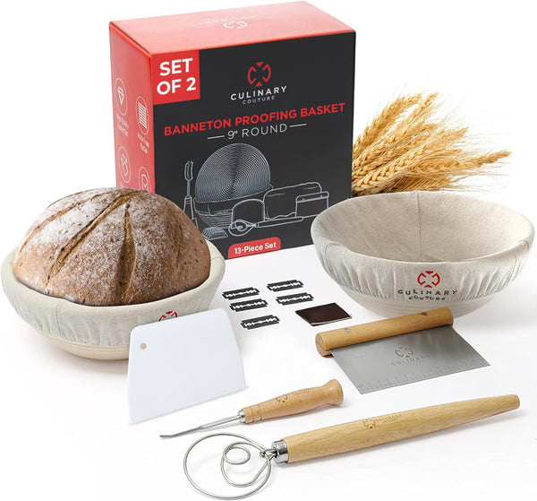 Sourdough Proofing Basket Set with Scraper Lame Whisk and Blades - Complete Starter Kit