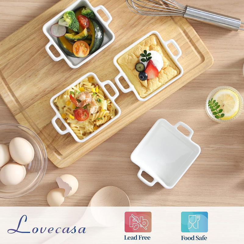 LOVECASA 7 OZ Creme Brulee Ramekins Double Handled Ceramic Baking Dishes Set of 6 - White