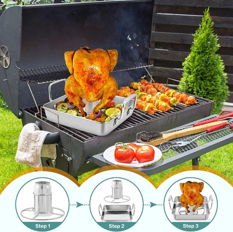 9-inch Beer Can Chicken Roaster with 2 Pans and Racks - Stainless Steel