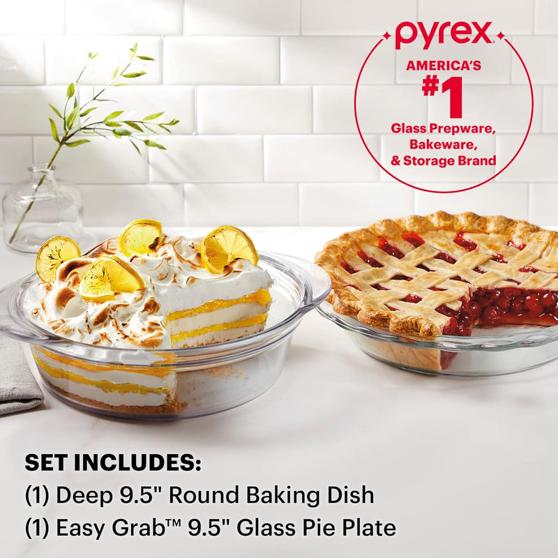 Pyrex Deep 2-Piece Glass Baking Dish Set - 95 Deep  Easy Grab - Dishwasher Microwave Freezer  Oven Safe