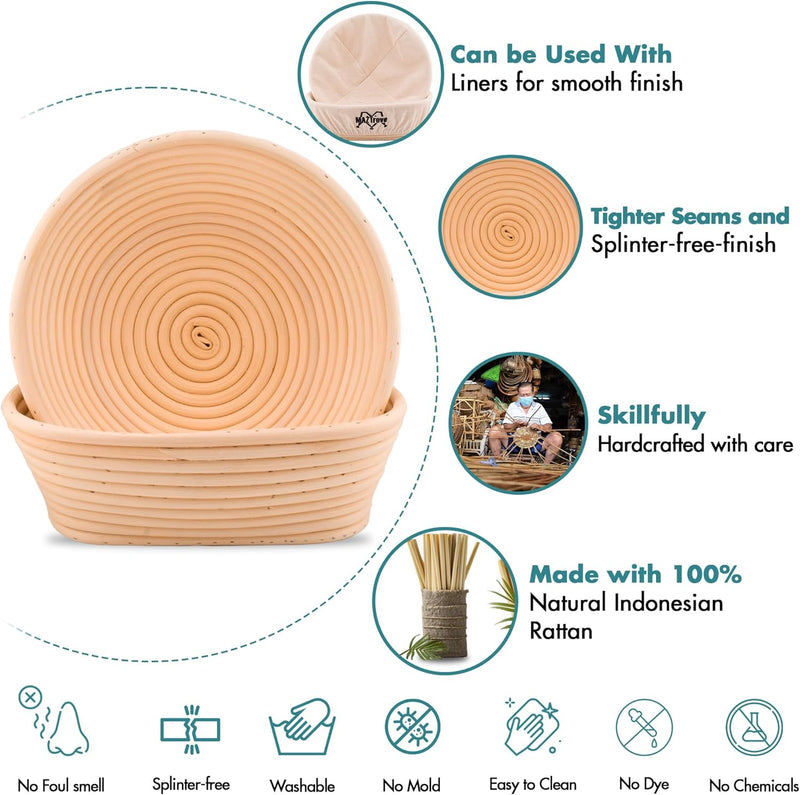 Banneton Bread Proofing Basket Set - 10 Oval and 9 Round Rattan Sourdough Baking Supplies