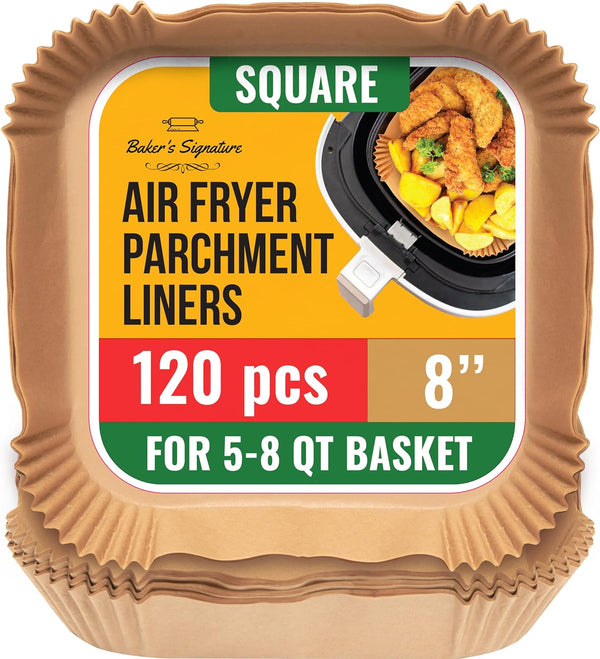Disposable Air Fryer Liners - 120Pcs Non-Stick Parchment Paper - 8 Square for 5-8 qt Baskets by Bakers Signature