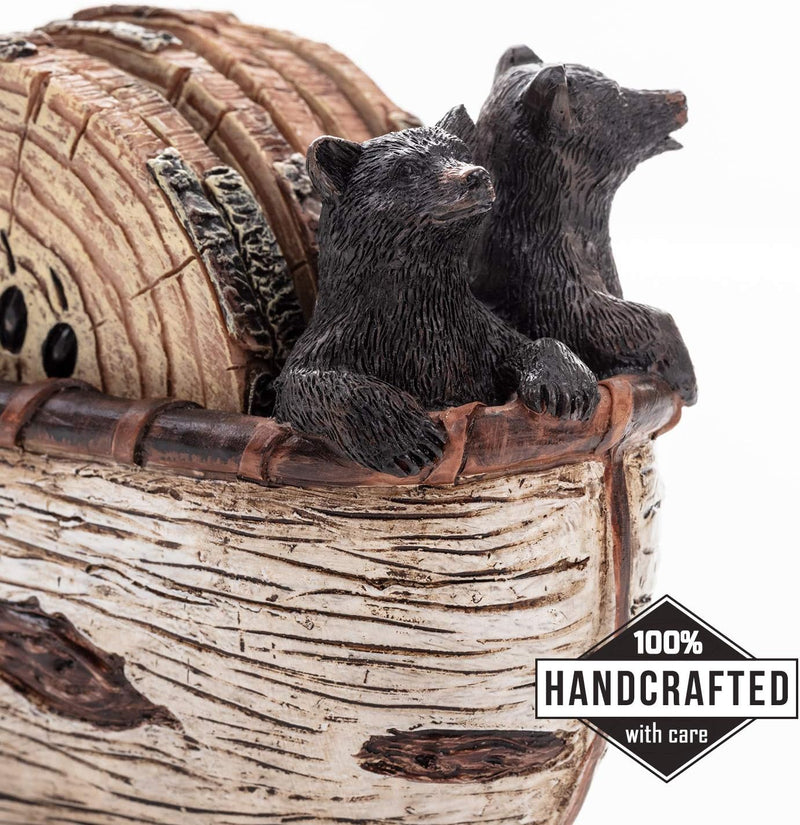 Rustic Bear Coasters Set with Black Bear Figurines - Handmade Canoe Design for Lodge Decor