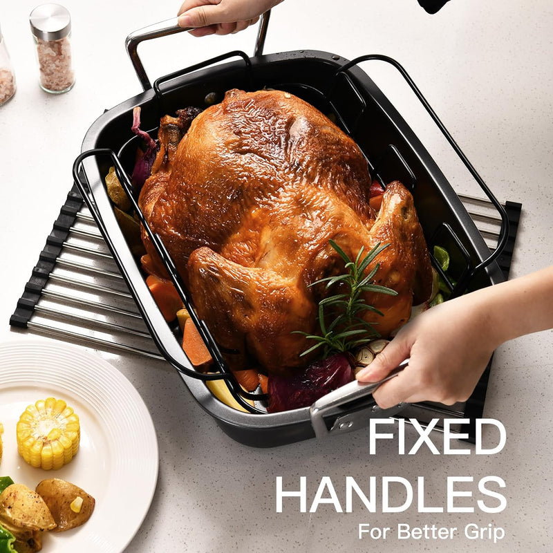 HONGBAKE Nonstick Turkey Roasting Pan with Rack 17x13 - for Large Turkey  Chicken Heavy Duty Dark Grey