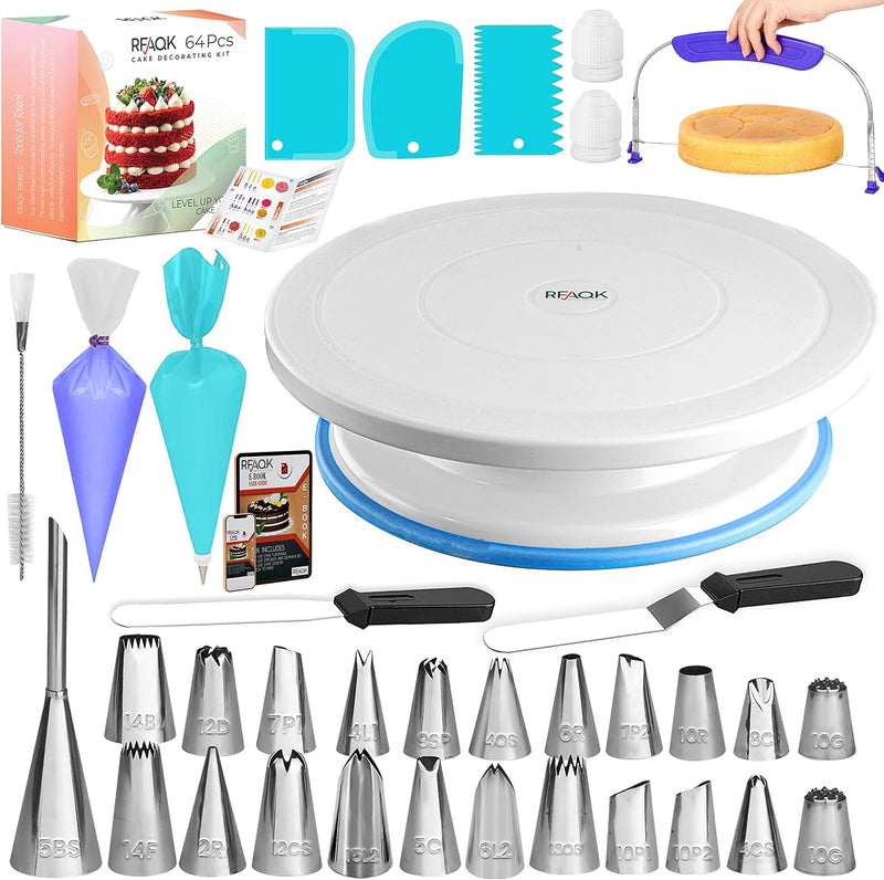 RFAQK 64-Piece Cake Decorating Kit with Turntable Tips Spatulas and Bags