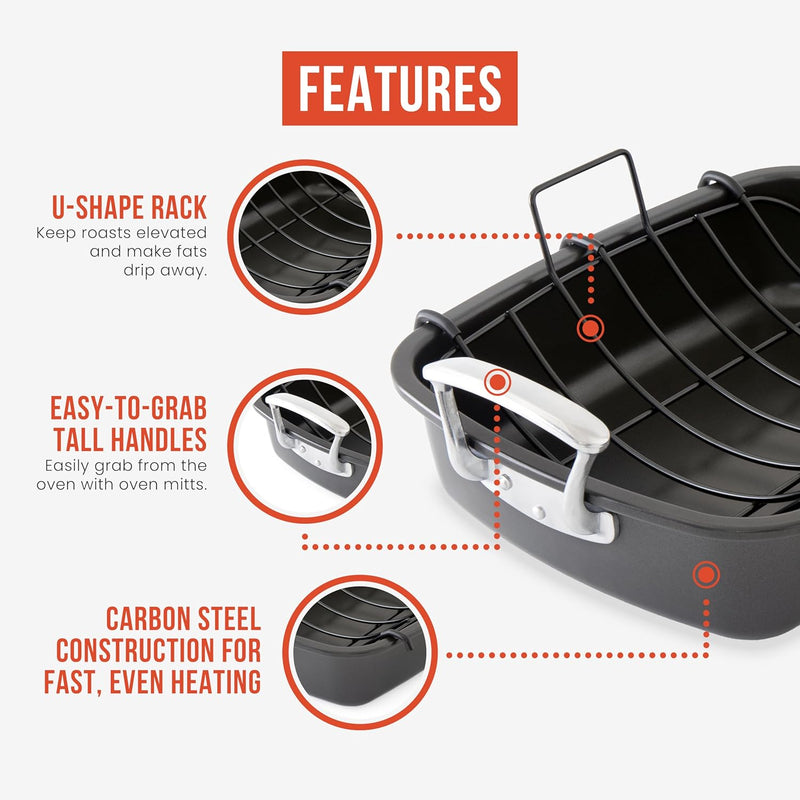 Deluxe Carbon Steel Roasting Pan with Rack - 185 x 145-Inch