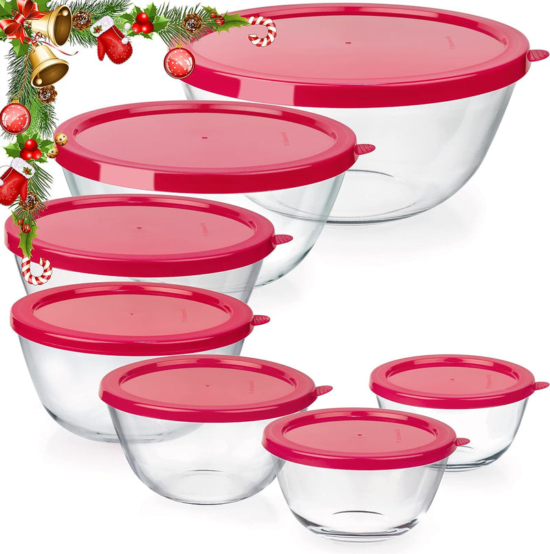 Collapsible Glass Mixing Bowls - 5 Stackable with Lids Microwave Safe Bamboo Salad  Baking Bowls