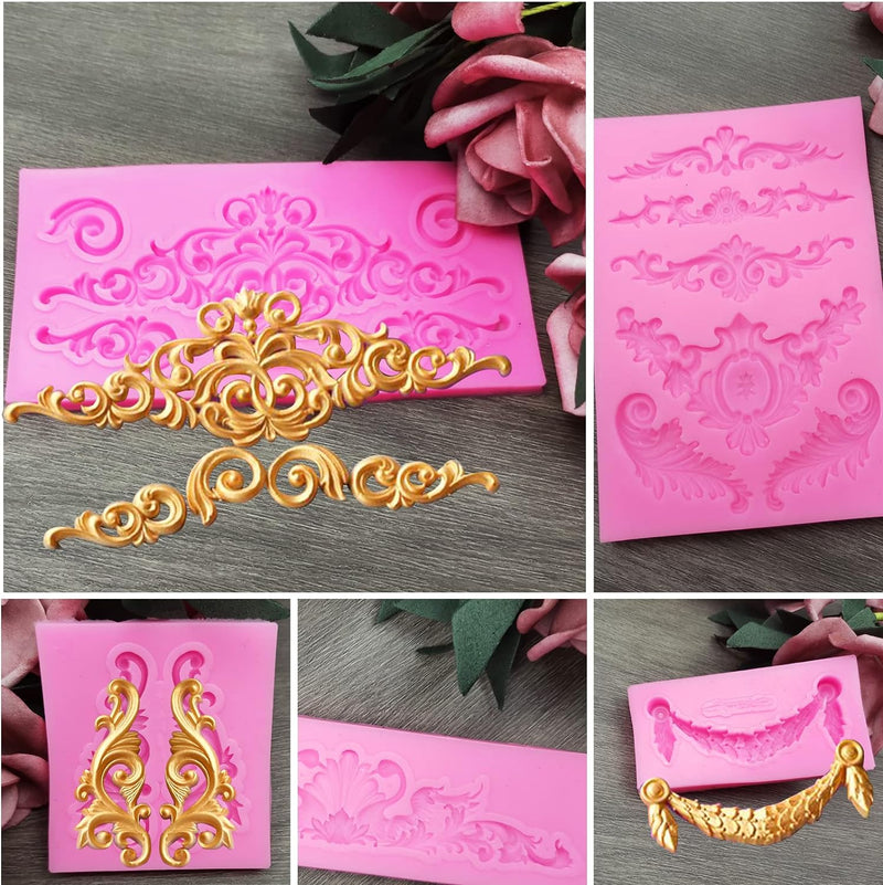 Rainmae 5 Pcs Baroque Style Fondant Silicone Mold - 3D Lace Relief Filigree Sculpture for Crafts  Baking