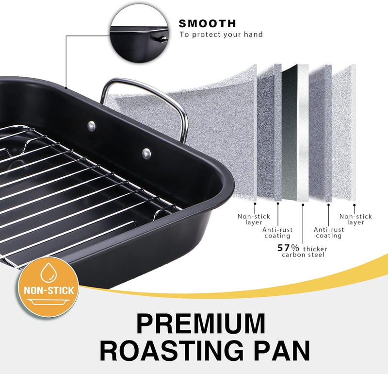 HONGBAKE Nonstick Roasting Pan with Flat Rack and Stainless Steel Handles 16 x 11Inch