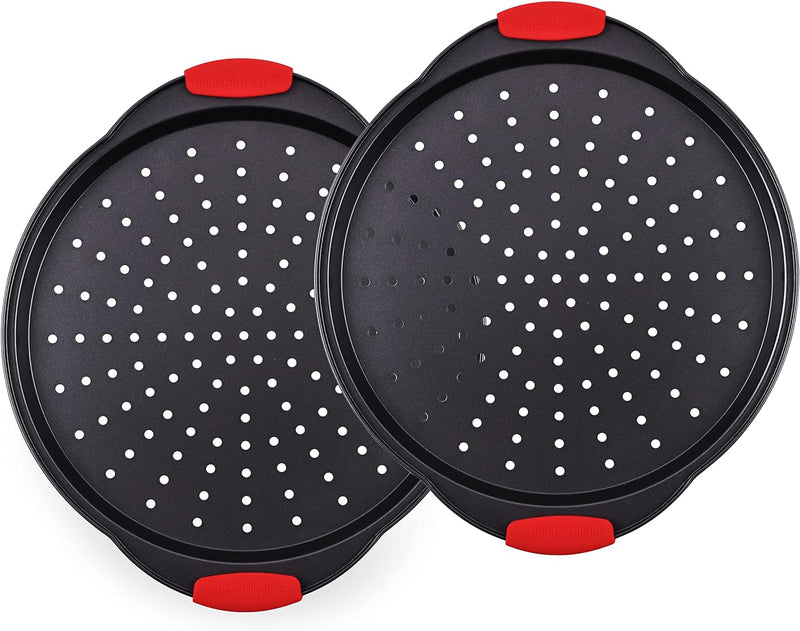 Non-Stick Pizza Tray with Silicone Handle and Perforated Holes - Premium Bakeware for Easy Cooking and Cleaning - NCBPIZ6