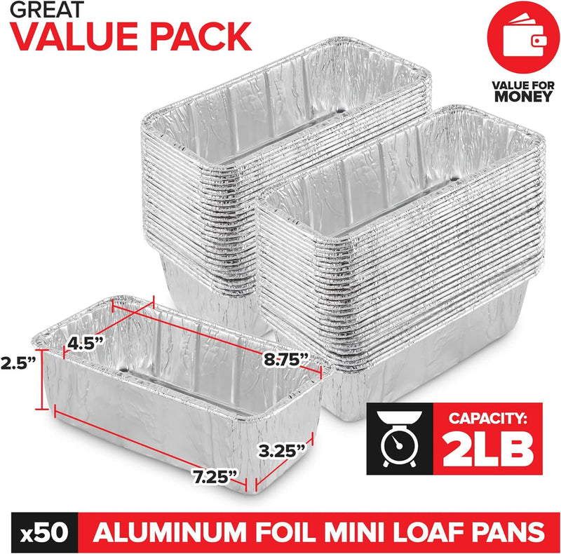 Aluminum Foil Mini Loaf Pans - 50 Pack 2 lb Disposable Baking Tins Ideal for Cakes Breads and Meat