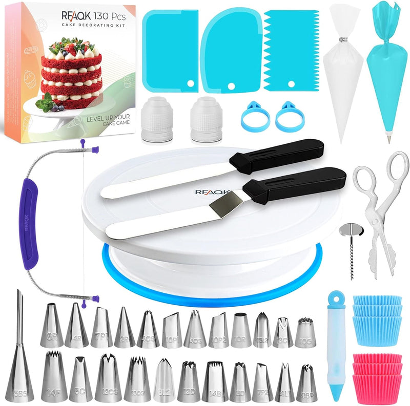 RFAQK 64-Piece Cake Decorating Kit with Turntable Tips Spatulas and Bags