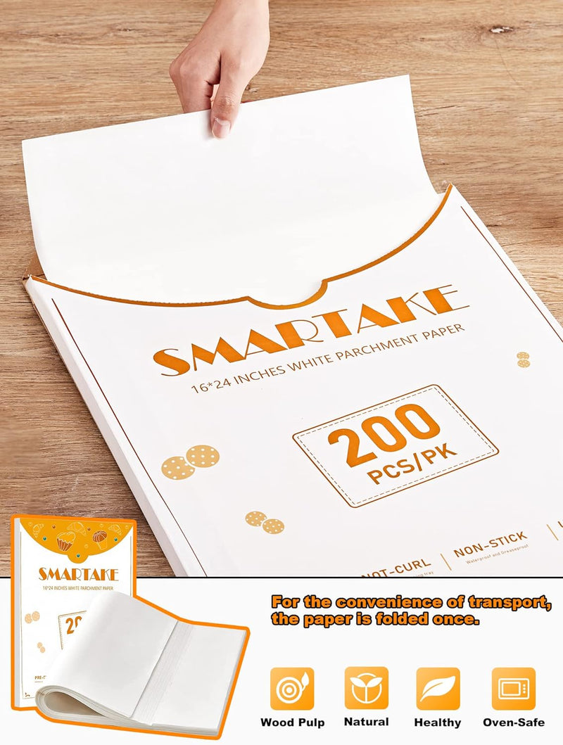 SMARTAKE 200 Pcs Parchment Paper Baking Sheets 12x16 Inch Non-Stick - Suitable for Baking Grilling Air Fryer Steaming and More