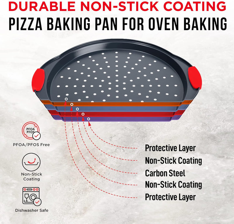 Bakken Pizza Tray - Round Carbon Steel with Non-Stick Coating and Silicone Handles