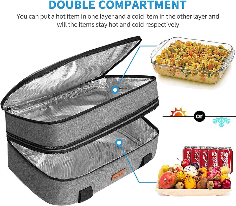 Insulated Double Decker Casserole Carrier - HotCold Food Expandable Grey