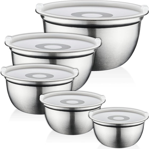 5-Piece Kitchen Mixing Bowl Set with Lids - Stainless Steel Silver for Cooking Baking Salad and Meal Prep