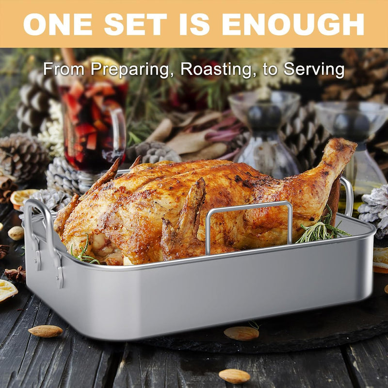 Stainless Steel Turkey Roaster with Rack - V-Shaped Flat Rack 1713 Inch - Perfect for Holiday Roasts and Lasagna