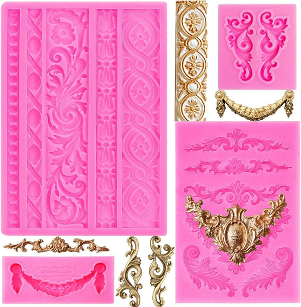 Rainmae 5 Pcs Baroque Style Fondant Silicone Mold - 3D Lace Relief Filigree Sculpture for Crafts  Baking