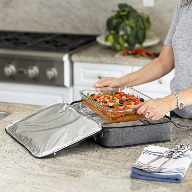 Insulated Casserole Carrier for HotCold Food Expandable Double Thermal Bag - Gray Fits 9x13 and 11x15 Baking Dish for PicnicsPotlucksCookouts - Lasagna Holder