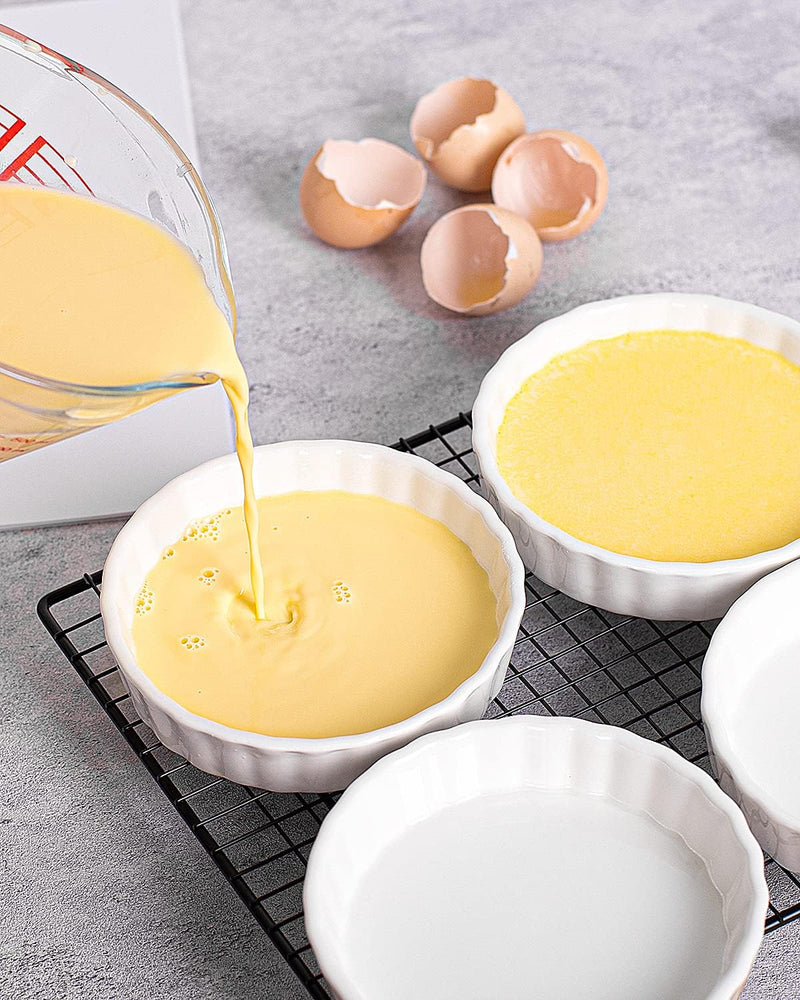 Taeochiy 8 Oz Creme Brulee Ramekins, Porcelain Ramekins Oven Safe, Round Tart Pan Mini Fluted Quiche Dishes, Set of 6, White