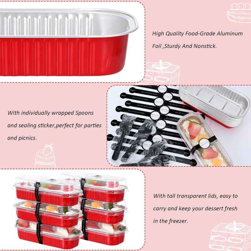 JuneHeart Aluminum Foil Mini Loaf Pans with Lids and Spoons - 100 Pack Black - 68oz Rectangle Baking Containers