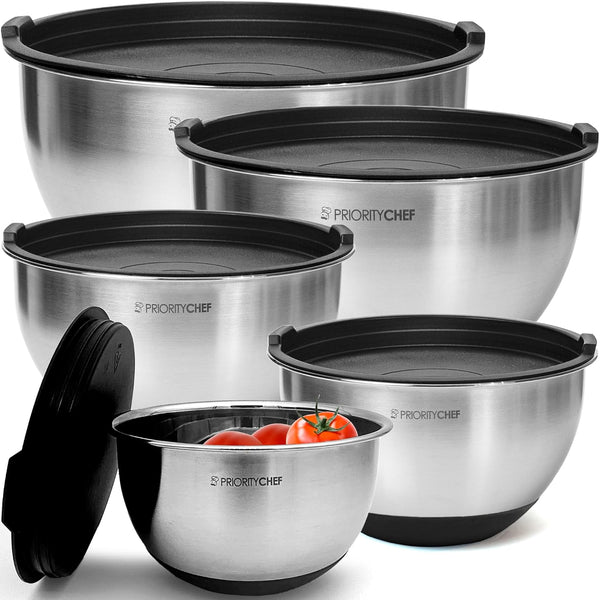 Premium Mixing Bowl Set with Airtight Lids - Thicker Stainless Steel - 152345 Qrt - Black