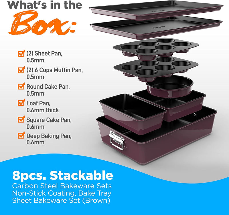 8-Piece Nonstick Stackable Bakeware Set with Oven-Safe Coating - PFOAPFOSPTFE Free