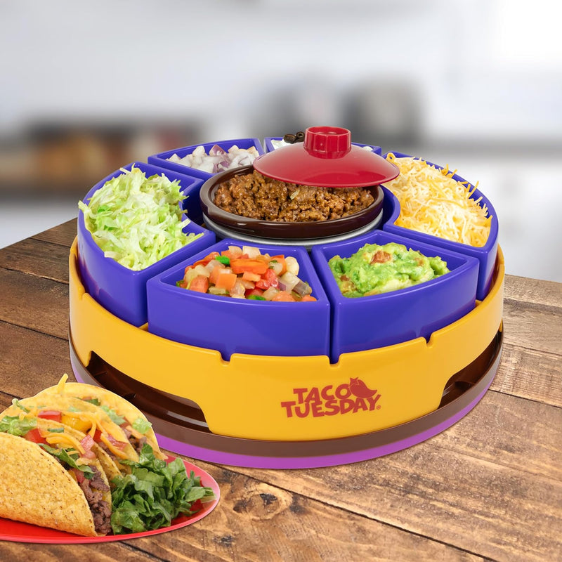 Taco Tuesday Complete Taco Serving Set with Tortilla Warmer, Salsa Bowls, Shell Holders, and Mortar and Pestle - 9-Piece Set - Red, Yellow, and Green