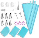 Riccle Reusable Piping Bags and Tips Set - Strong Silicone Icing Bags with Tips - 27 Pcs Cake Decorating Kit of 6 Pastry Bags 12, 14 & 16 Inch - 6 Couplers, 6 Frosting Tips, 6 Bag Ties, 3 Cake Scraper