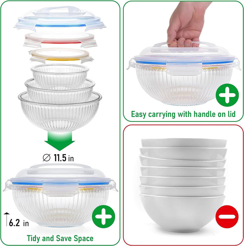 Collapsible Glass Mixing Bowls - 5 Stackable with Lids Microwave Safe Bamboo Salad  Baking Bowls