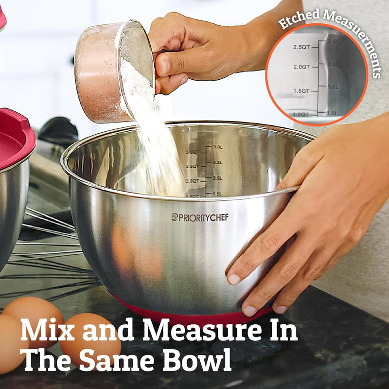 Premium Mixing Bowl Set with Airtight Lids - Thicker Stainless Steel - 152345 Qrt - Black