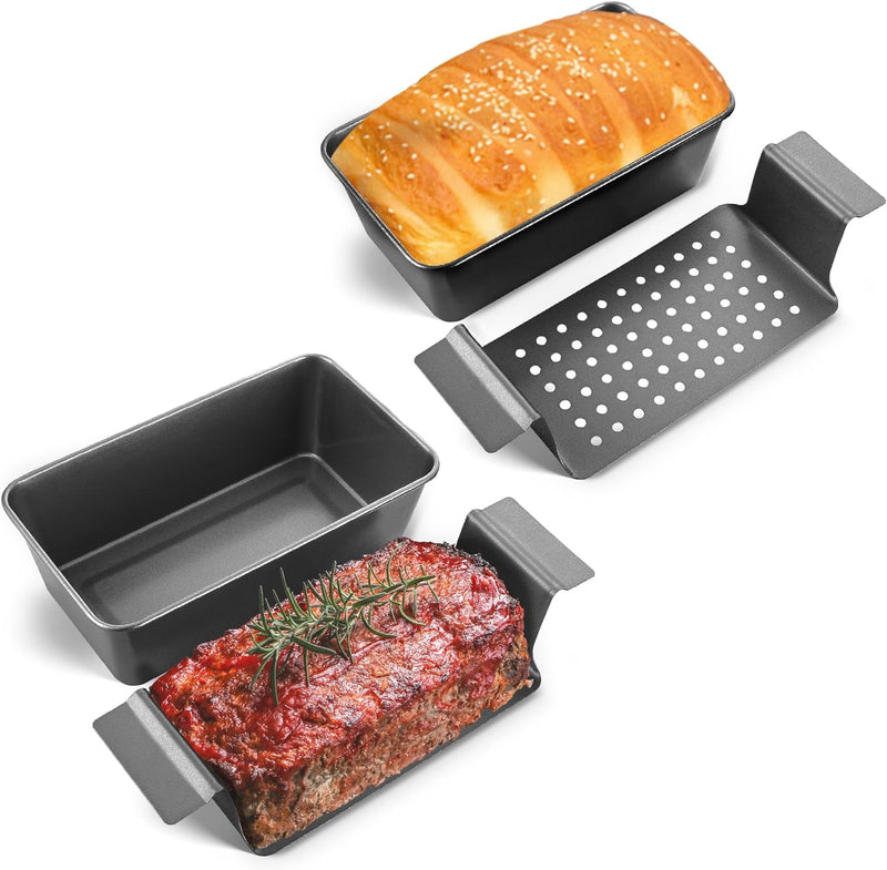 HONGBAKE Nonstick Meatloaf Pan with Drain Tray and Insert 9 x 5 Inches - Grey