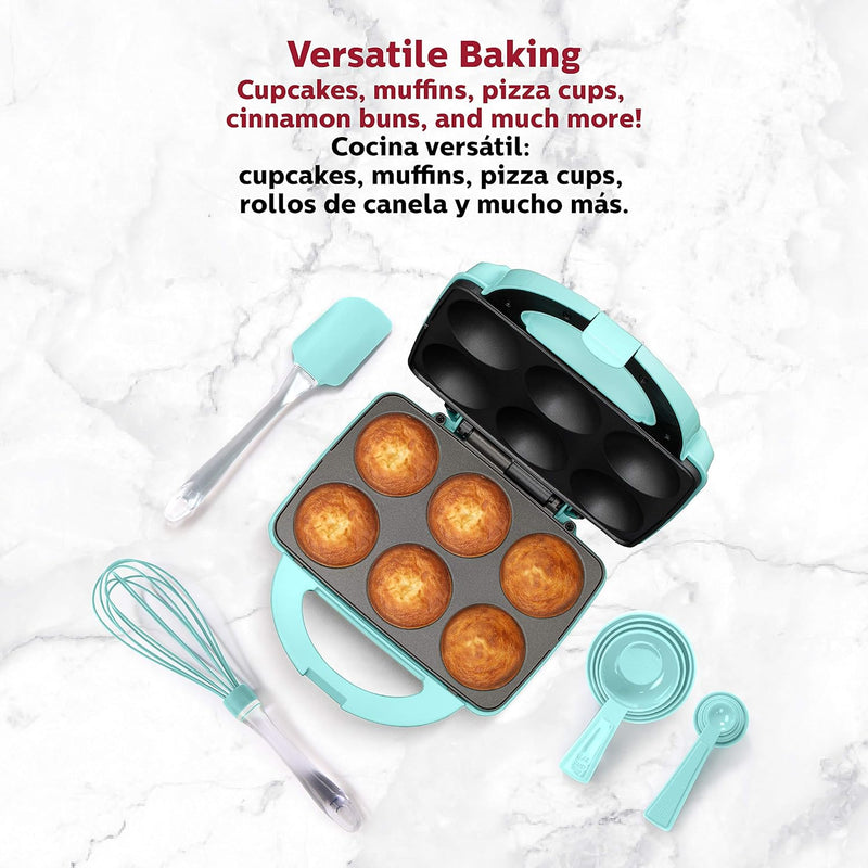 Non-Stick Cupcake Maker - Makes 6 Cupcakes Muffins and Cinnamon Buns for Birthdays and Holidays - Teal