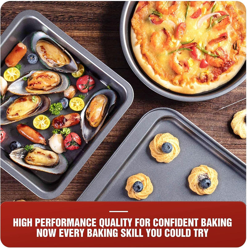 KITESSENSU Nonstick Bakeware Set 7-Piece Carbon Steel Baking Pans with Round and Square Cake Pan Loaf Muffin Cookie Sheet and Roast Cooling Rack