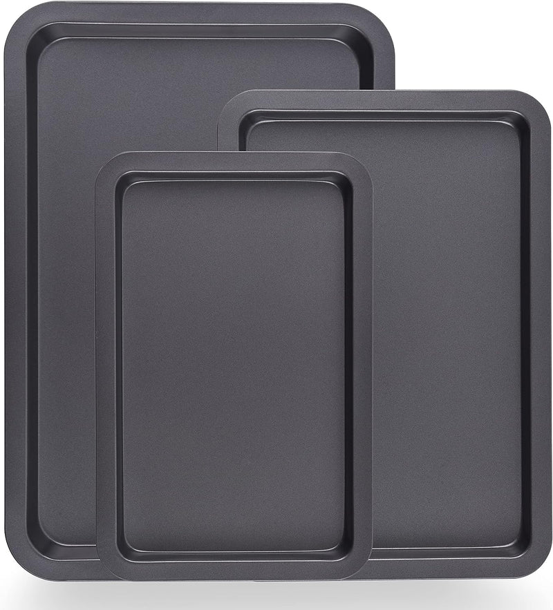 Nonstick Cookie Sheet Pans - 3-Pc Professional Quality Baking Trays with Black Coating