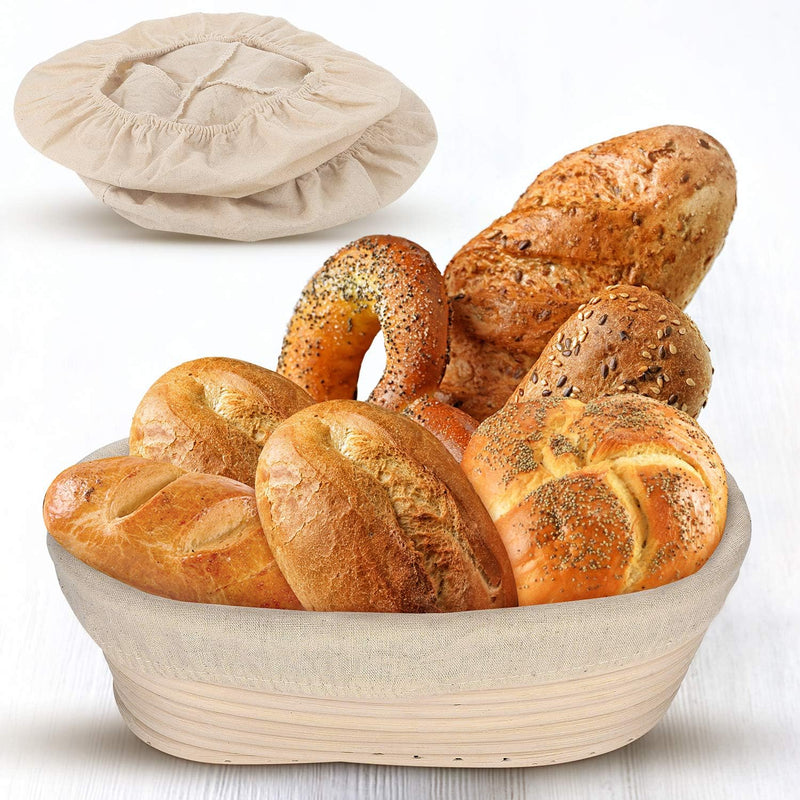 6-Piece Bread Banneton Proofing Basket Set - 10 Inch Oval Natural Rattan with Liner and Cloth Cover