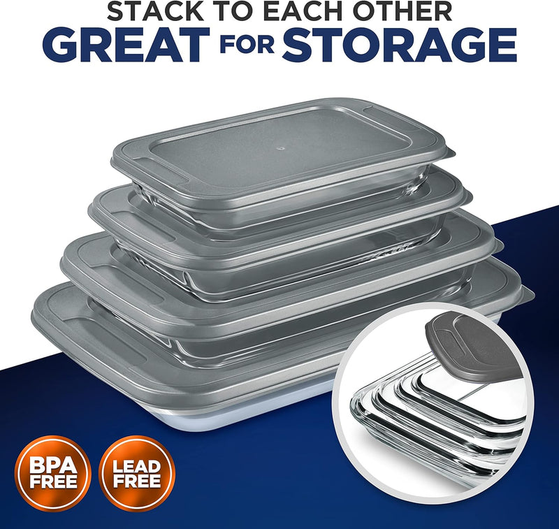 NutriChef Glass Bakeware Set - Rectangular Baking Dish with Lids Freezer-to-Oven Casserole Tray Stackable and Dishwasher Safe