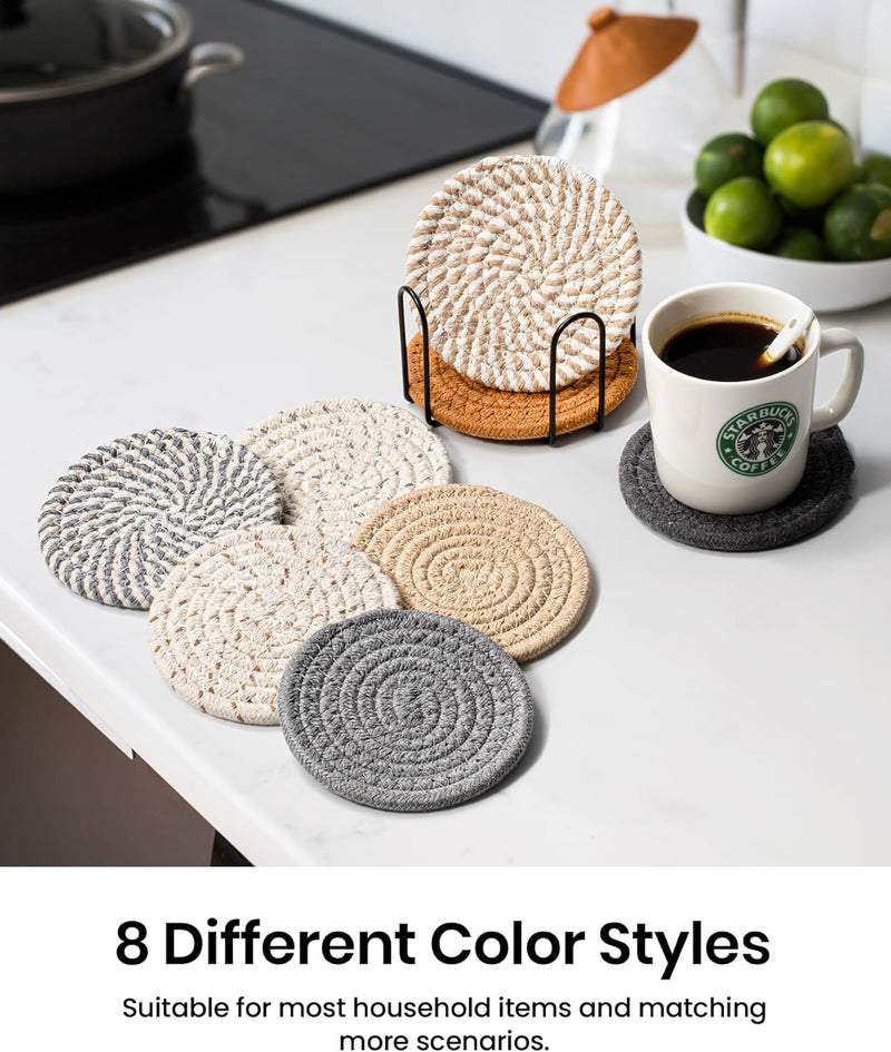 Crafizon 8Pc Drink Coaster Set - Minimalist Cotton Coasters with Holder  8 Absorbent Colors - 43 Inches