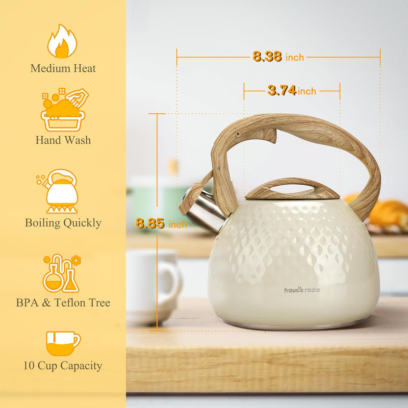 Tea Kettle, Stovetop Teapot, 2.7 Quart, Loud Whistle, Food Grade Stainless Steel and Smooth Wood Pattern Handle, Sophisticated Look for Hiking, Picnic, for Tea, Coffee,(Milky White)