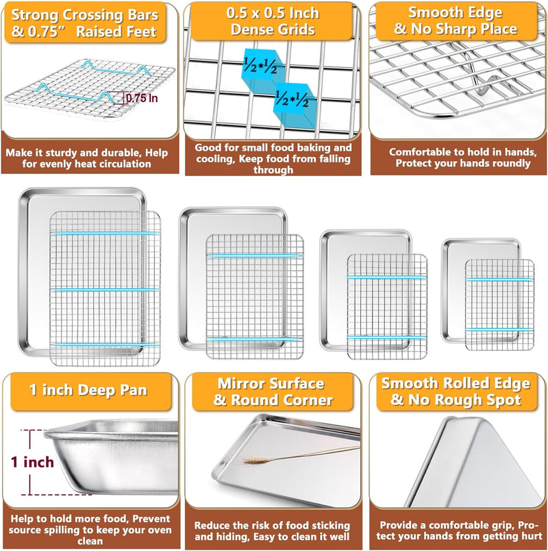 PP CHEF 8-Piece Stainless Steel Baking Sheet and Rack Set - Oven and Dishwasher Safe