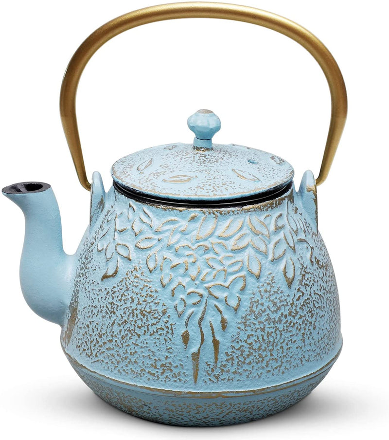 TOPTIER Japanese Teapot with Stainless Steel Infuser, Cast Iron Tea Kettle Stovetop Safe, Leaf Design Coated with Enameled Interior for 32 Ounce (950 ml), Light Green