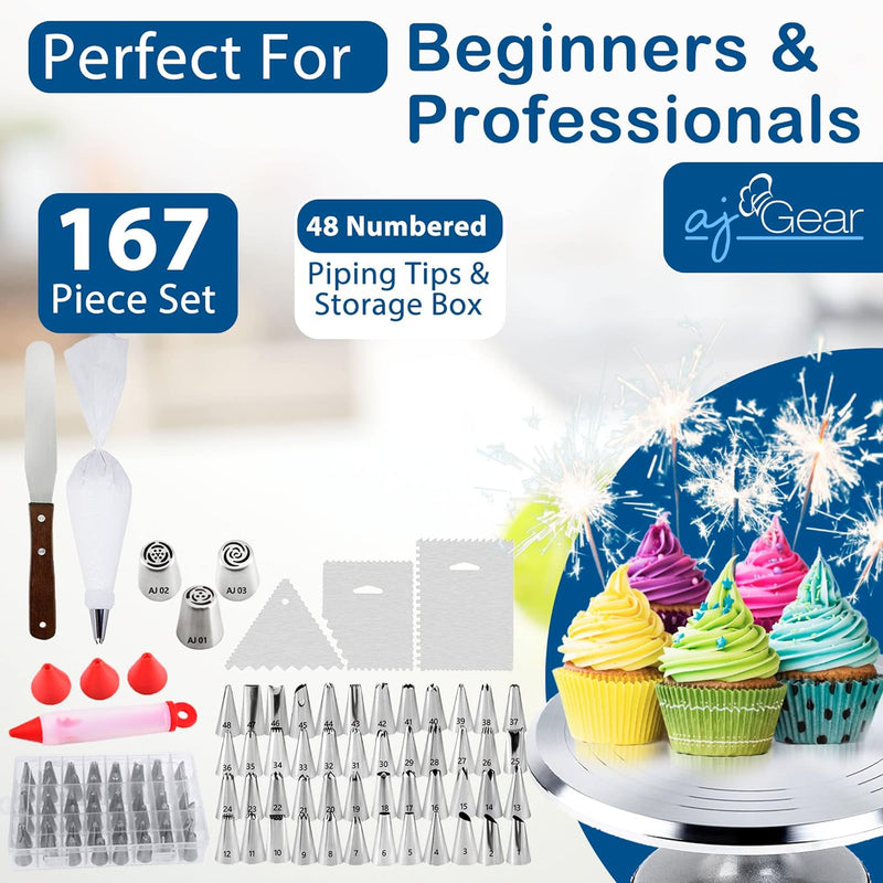 167-Piece Cake Decorating Kit with Rotating Turntable Frosting  Piping Bags Spatula and Flowers - Baking Tools for Cupcakes