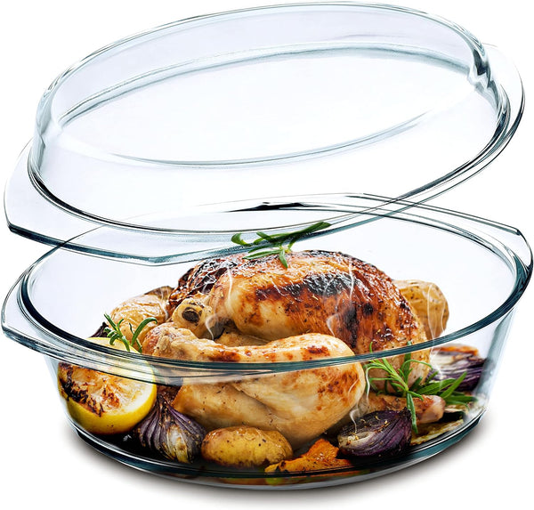 Simax Glass Round Casserole Dish with Lid and Handles - 35 Quart Microwave and Oven Safe