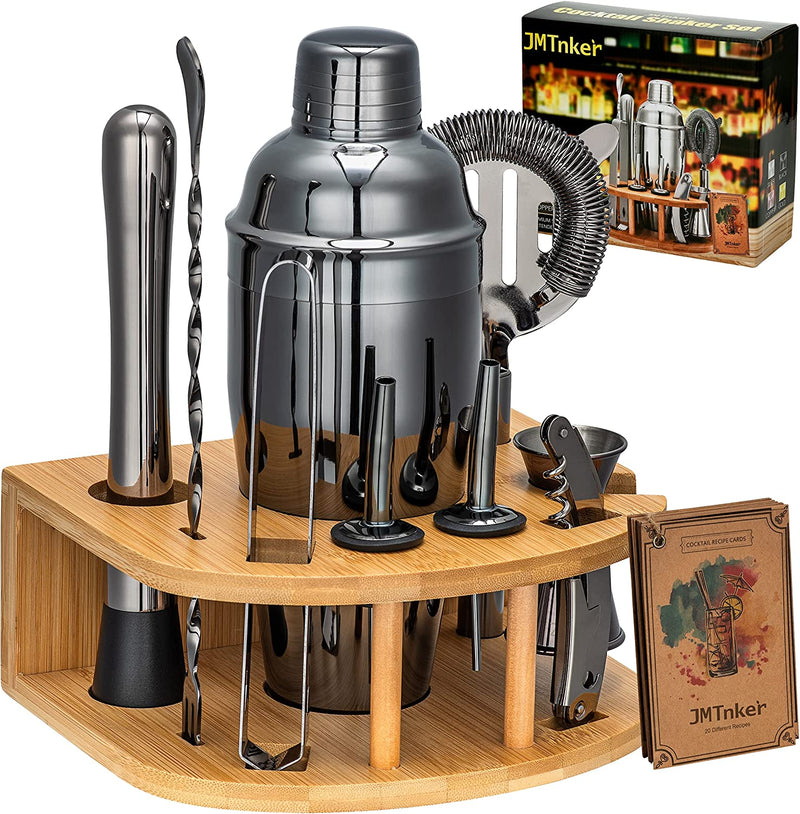 Cocktail Shaker Set with Stand | Perfect Bartender Kit for Home and Bar-Bar Tools Set: 24oz Martini Shaker, Muddler, Jigger, Strainer, Mixer Spoon, Tongs, Corkscrew, 2 Liquor Pourers, Recipes Cards