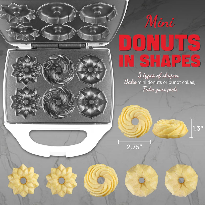 Mini Donut Maker Machine - Electric Bundt Cake Pan 6 Shapes for Breakfast  Desserts